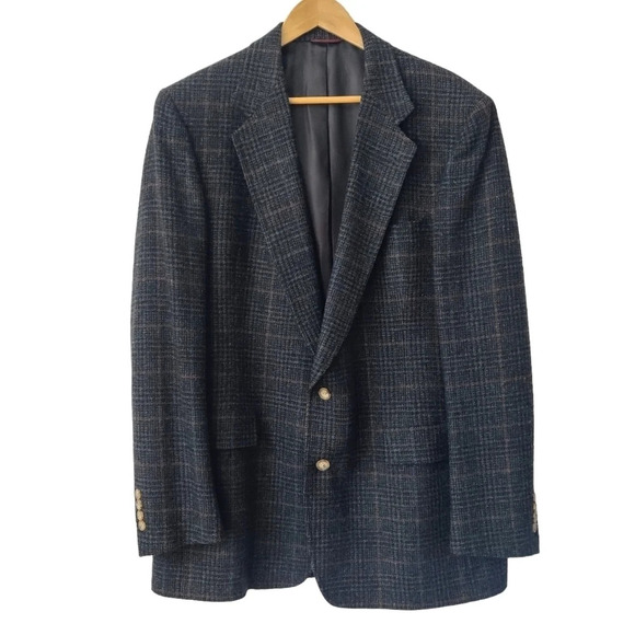 Vintage HART SCHAFFNER MARX Men's Plaid Gray Wool Blazer Jacket 44L ? - Picture 1 of 14